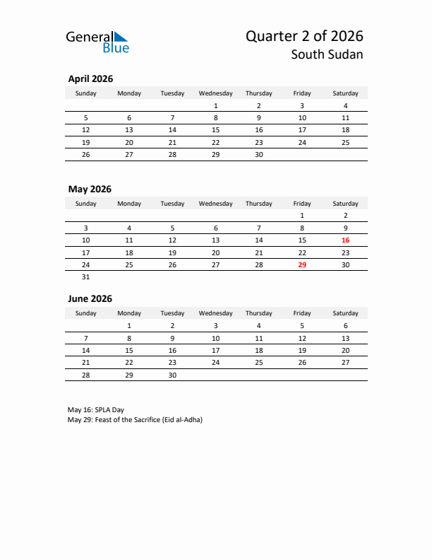 2026 Q2 Three-Month Calendar for South Sudan