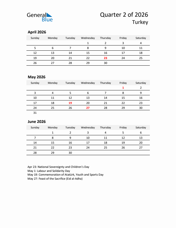 2026 Q2 Three-Month Calendar for Turkey