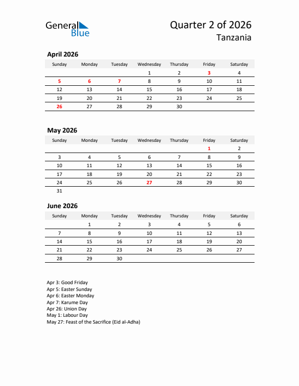 2026 Q2 Three-Month Calendar for Tanzania