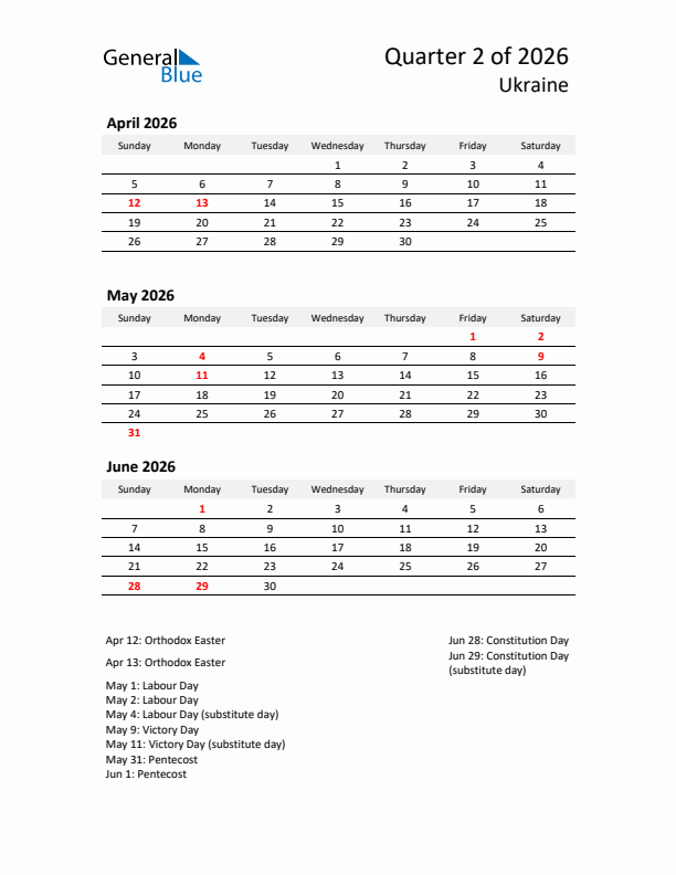 2026 Q2 Three-Month Calendar for Ukraine