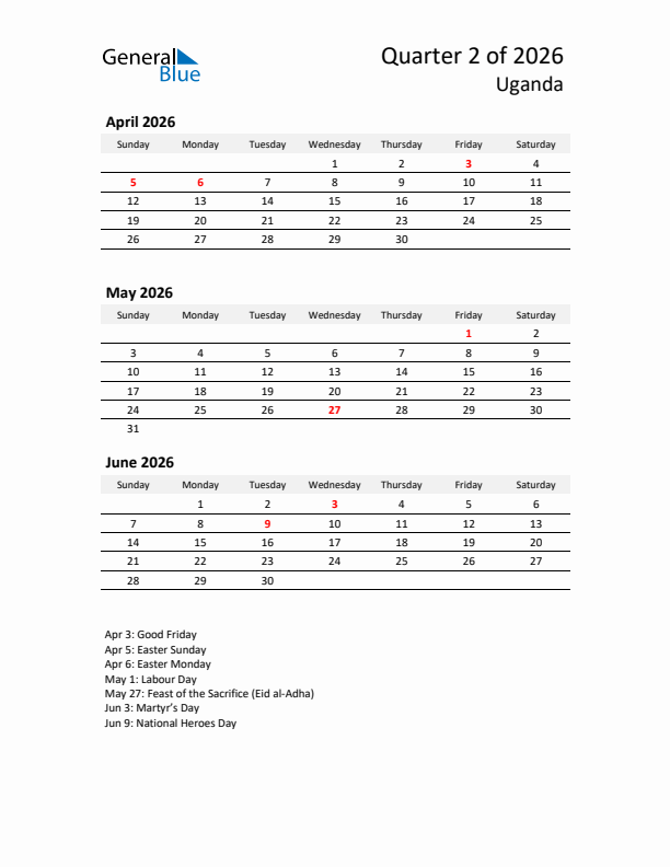 2026 Q2 Three-Month Calendar for Uganda