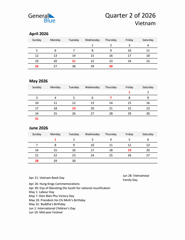 2026 Q2 Three-Month Calendar for Vietnam