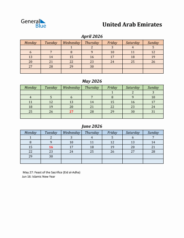 Q2 2026 Holiday Calendar - United Arab Emirates