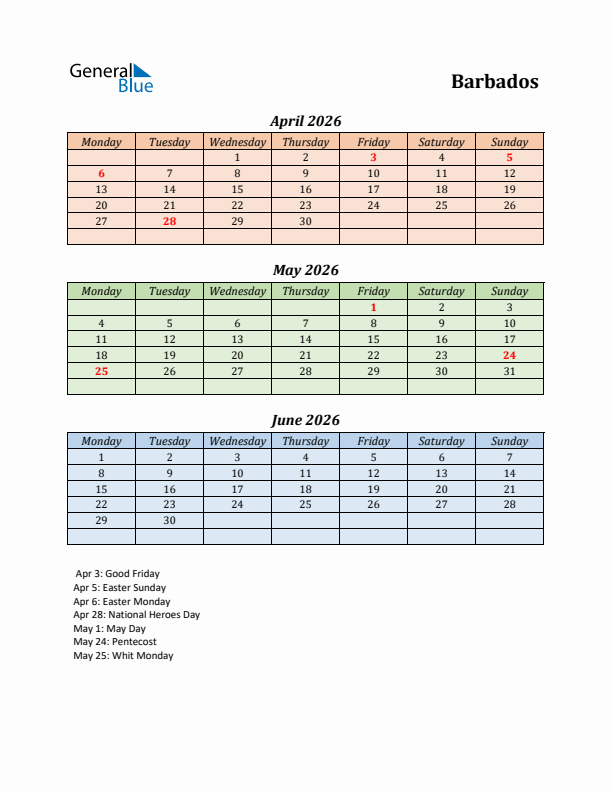 Q2 2026 Holiday Calendar - Barbados