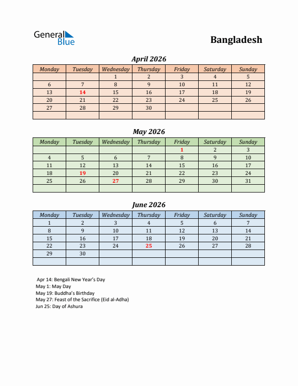 Q2 2026 Holiday Calendar - Bangladesh