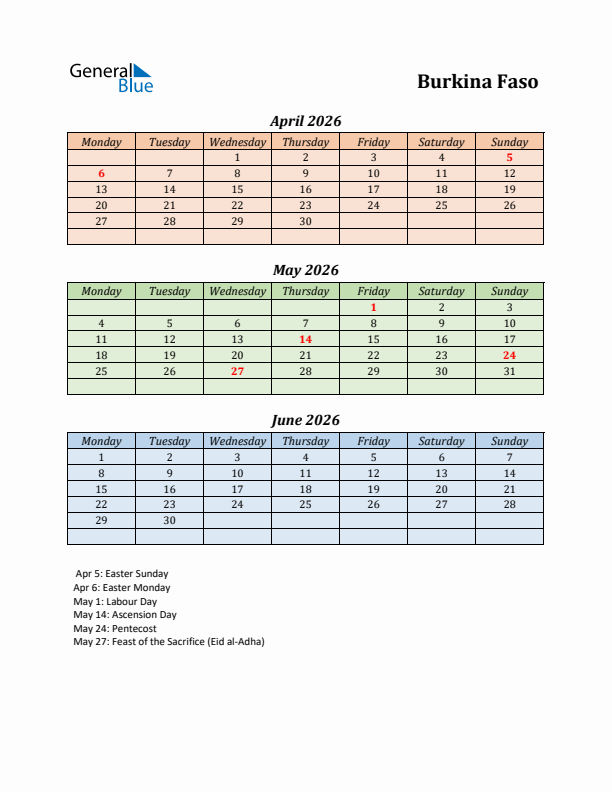 Q2 2026 Holiday Calendar - Burkina Faso