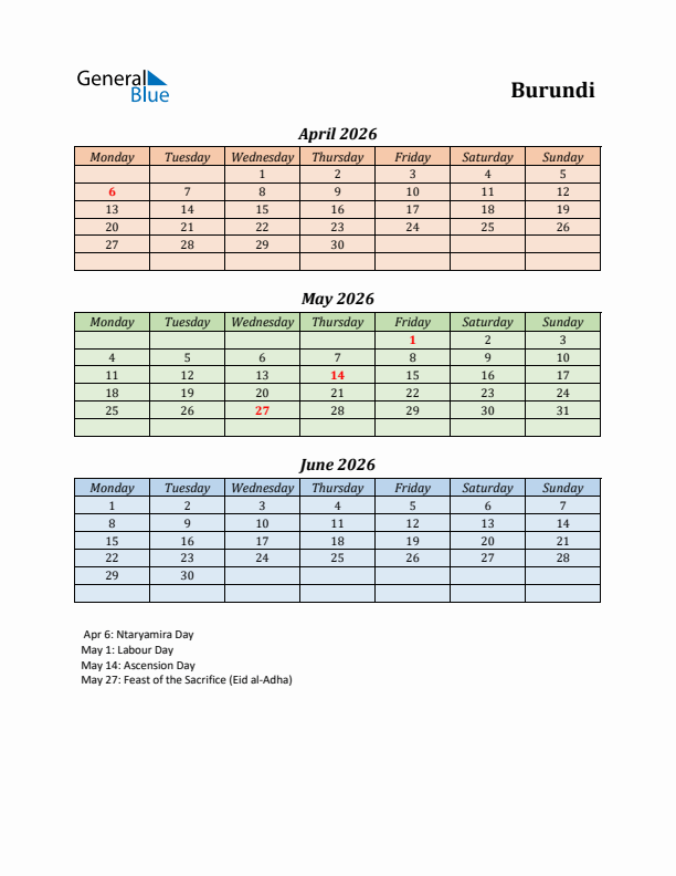 Q2 2026 Holiday Calendar - Burundi