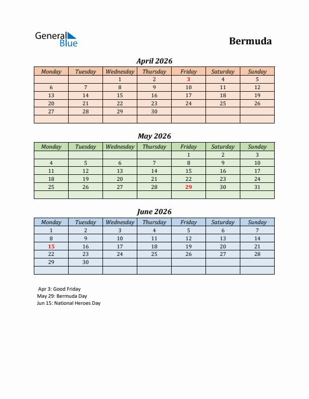 Q2 2026 Holiday Calendar - Bermuda