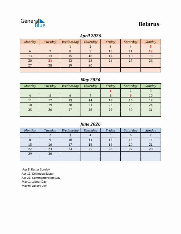 Q2 2026 Holiday Calendar - Belarus