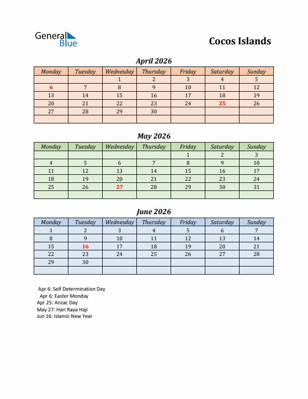 Q2 2026 Holiday Calendar - Cocos Islands