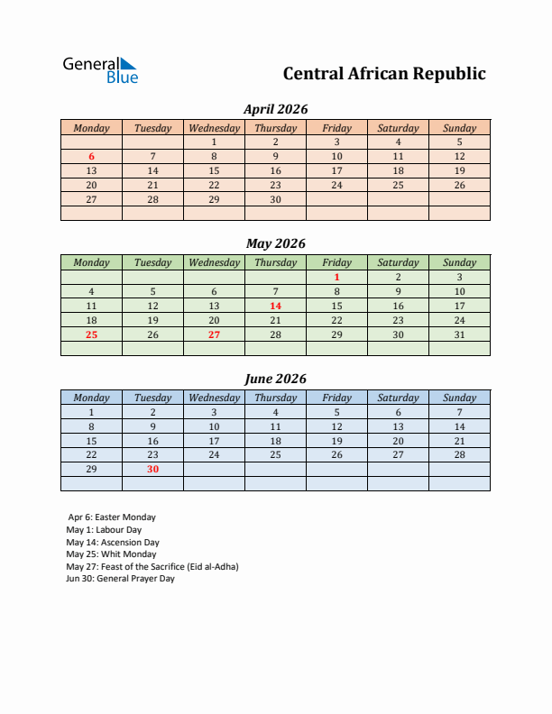 Q2 2026 Holiday Calendar - Central African Republic