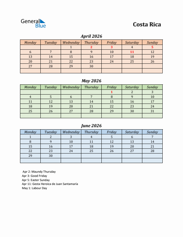 Q2 2026 Holiday Calendar - Costa Rica