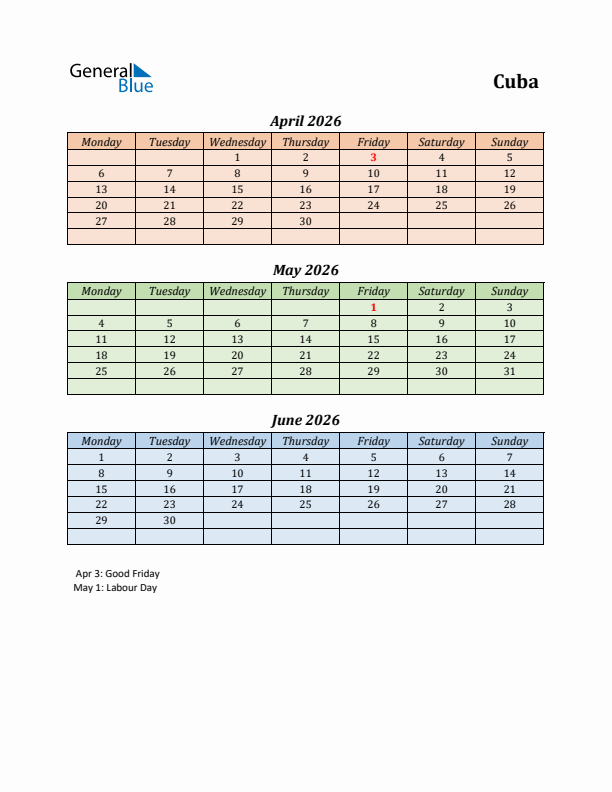 Q2 2026 Holiday Calendar - Cuba