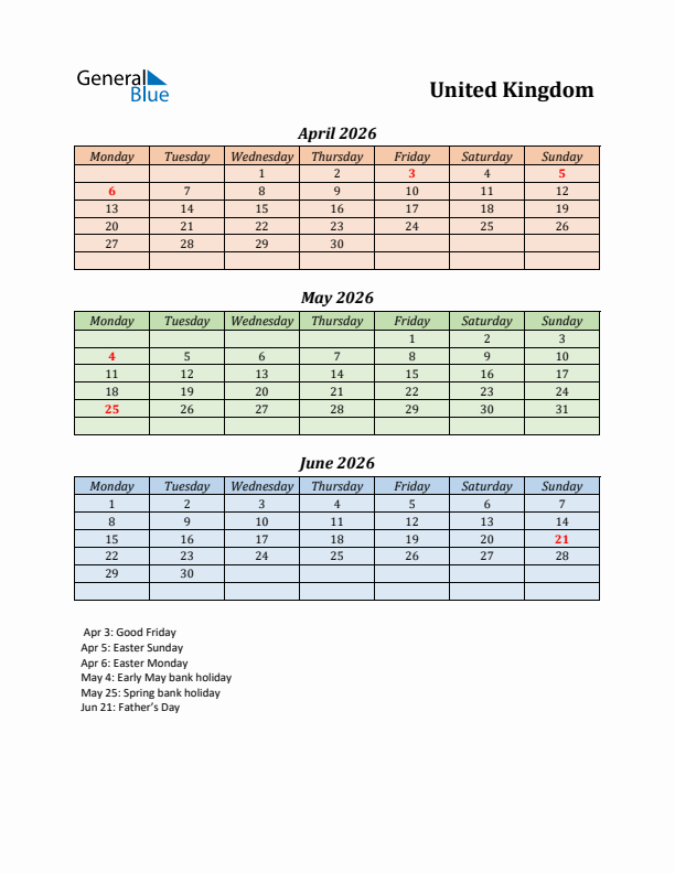 Q2 2026 Holiday Calendar - United Kingdom