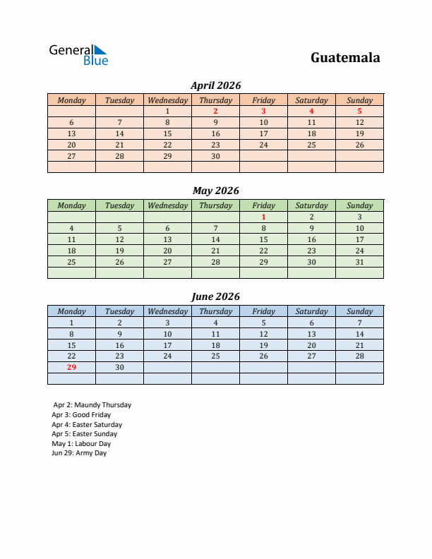 Q2 2026 Holiday Calendar - Guatemala