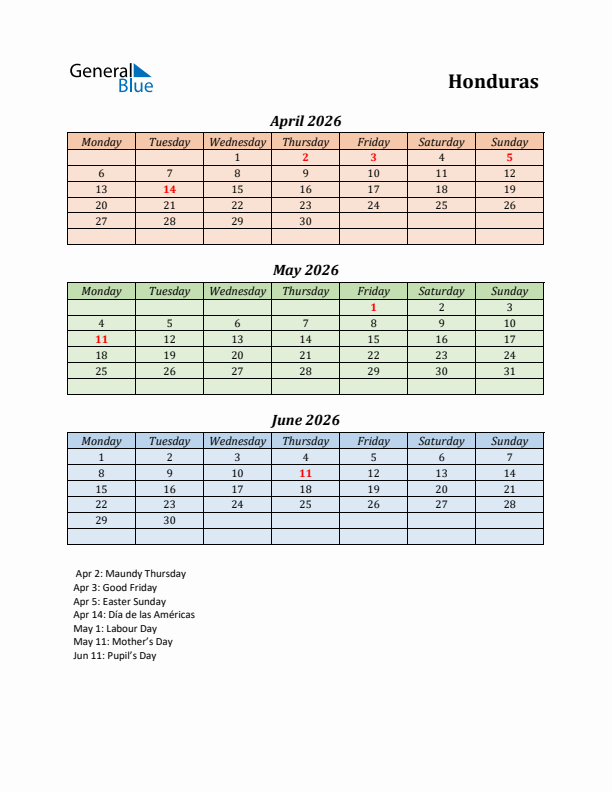 Q2 2026 Holiday Calendar - Honduras