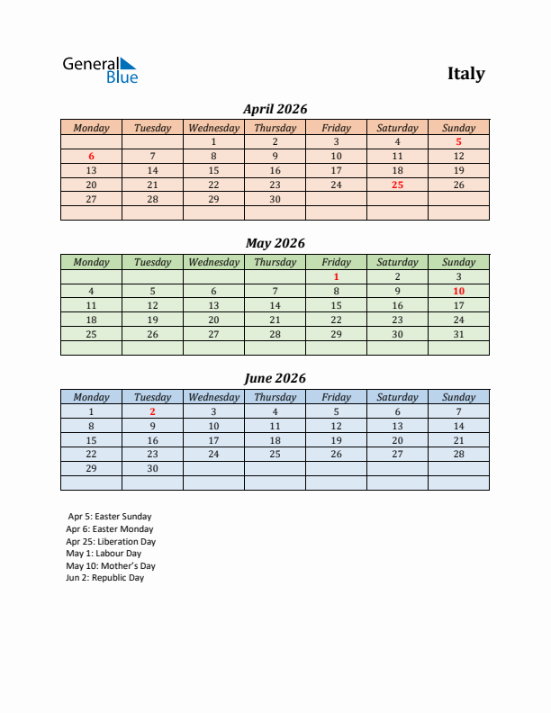 Q2 2026 Holiday Calendar - Italy