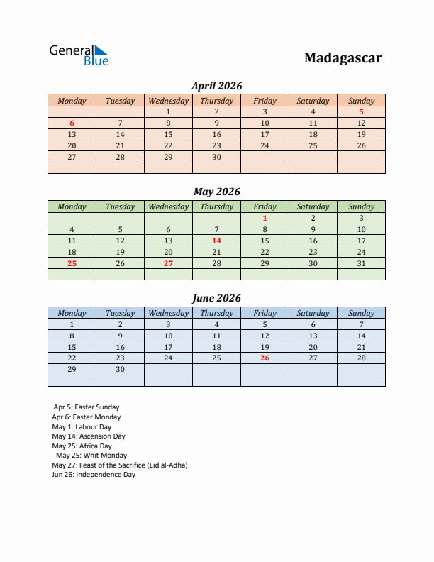 Q2 2026 Holiday Calendar - Madagascar