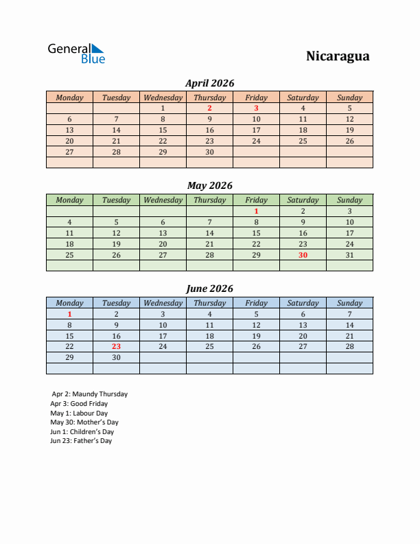 Q2 2026 Holiday Calendar - Nicaragua