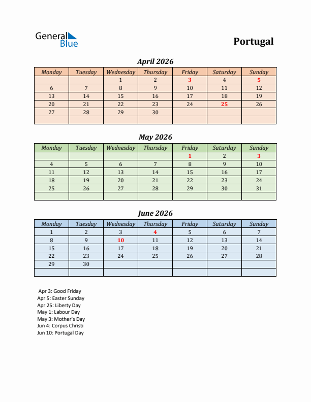 Q2 2026 Holiday Calendar - Portugal