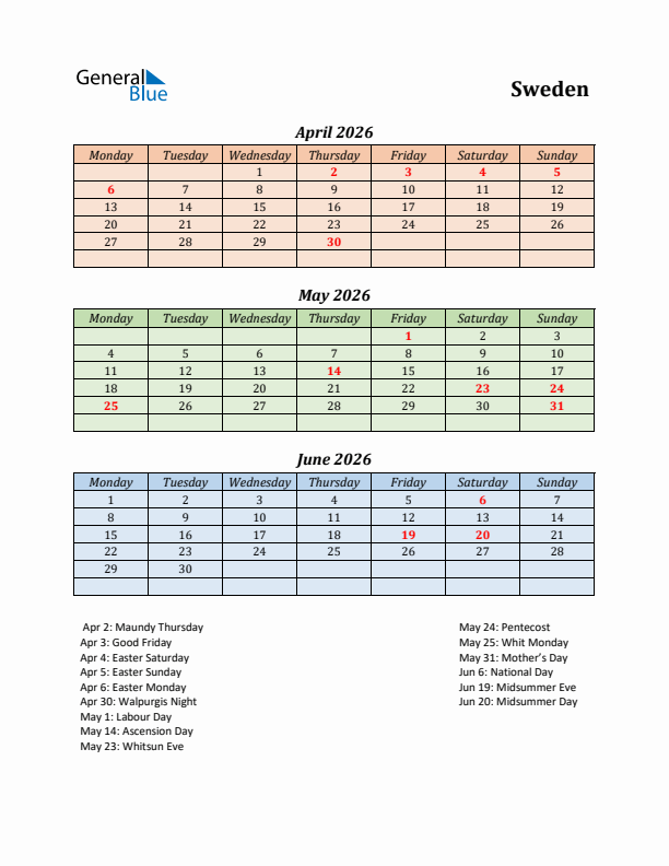 Q2 2026 Holiday Calendar - Sweden