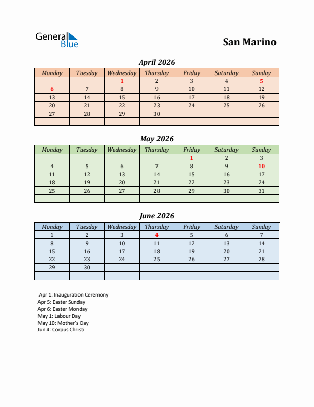 Q2 2026 Holiday Calendar - San Marino