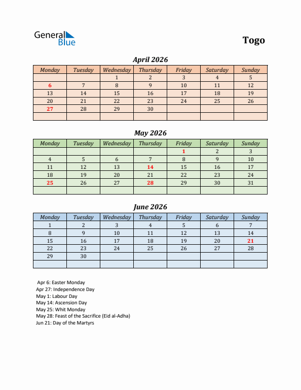 Q2 2026 Holiday Calendar - Togo