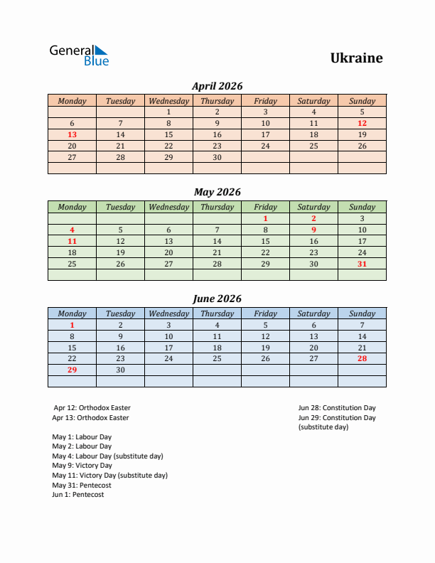 Q2 2026 Holiday Calendar - Ukraine