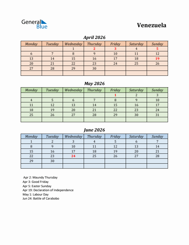 Q2 2026 Holiday Calendar - Venezuela