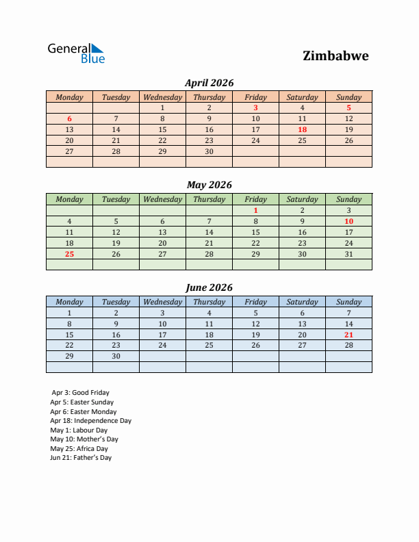 Q2 2026 Holiday Calendar - Zimbabwe