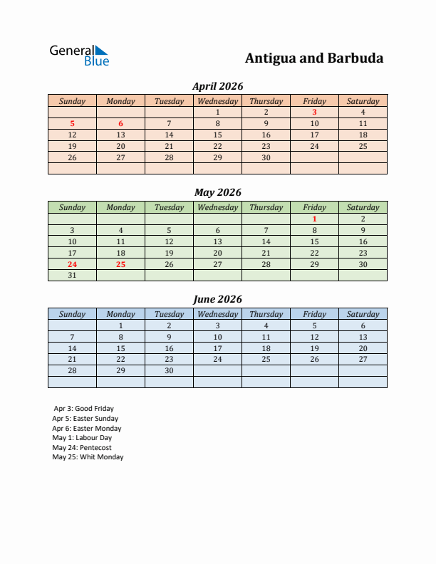 Q2 2026 Holiday Calendar - Antigua and Barbuda