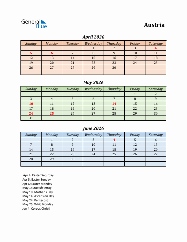 Q2 2026 Holiday Calendar - Austria