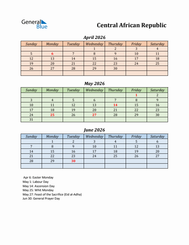 Q2 2026 Holiday Calendar - Central African Republic