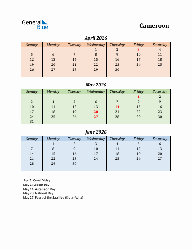 Q2 2026 Holiday Calendar - Cameroon