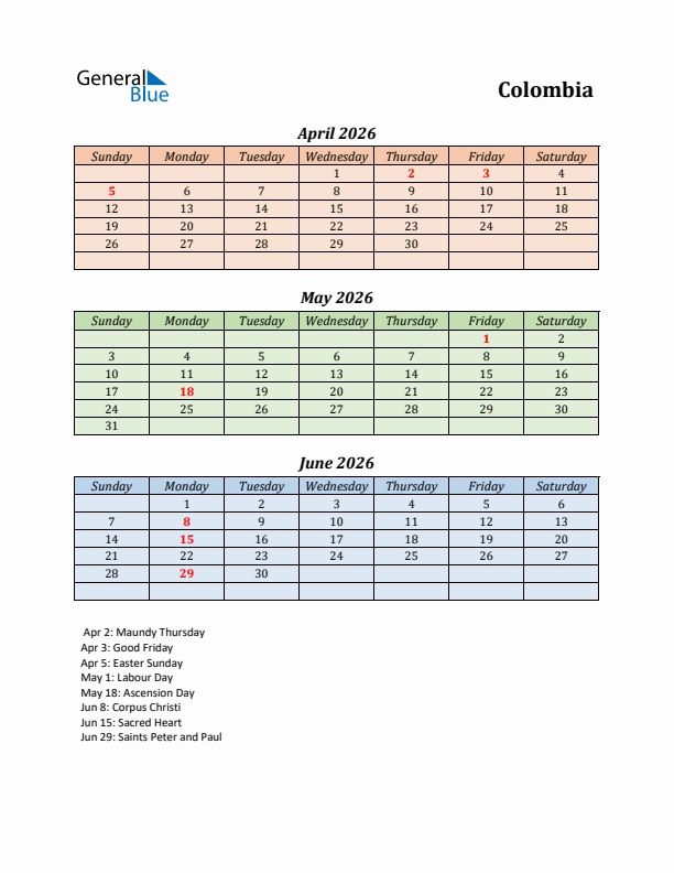 Q2 2026 Holiday Calendar - Colombia