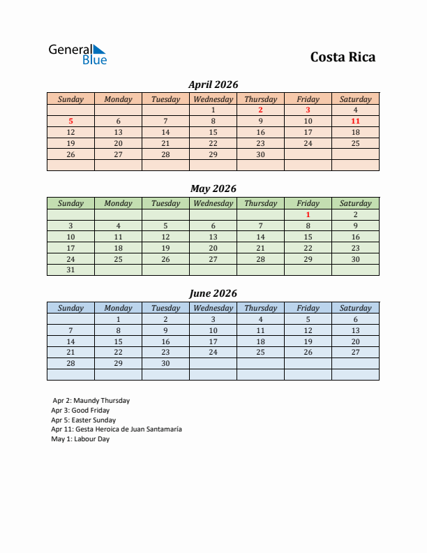 Q2 2026 Holiday Calendar - Costa Rica