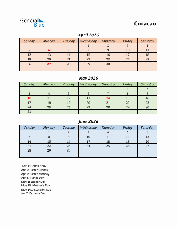 Q2 2026 Holiday Calendar - Curacao