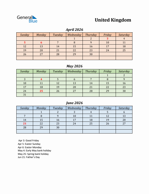 Q2 2026 Holiday Calendar - United Kingdom