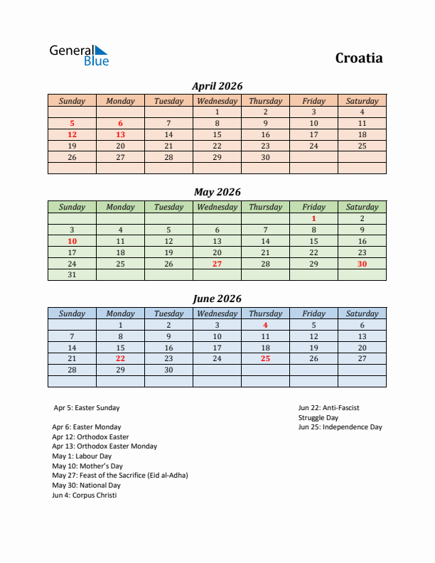 Q2 2026 Holiday Calendar - Croatia