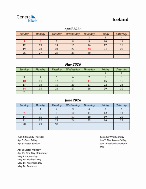 Q2 2026 Holiday Calendar - Iceland