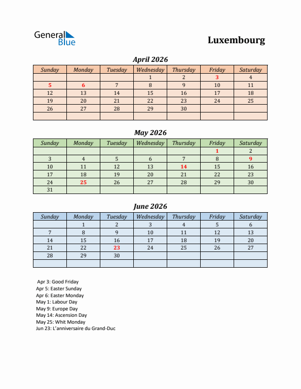 Q2 2026 Holiday Calendar - Luxembourg