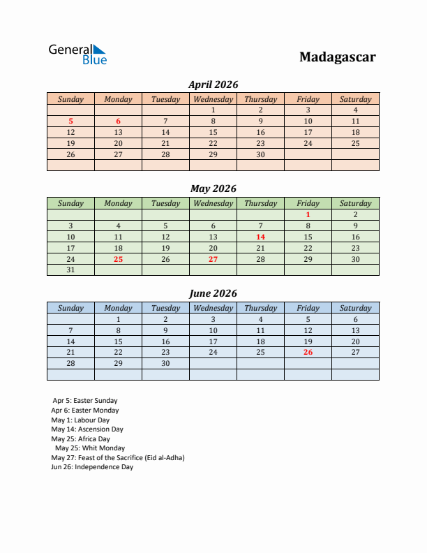 Q2 2026 Holiday Calendar - Madagascar