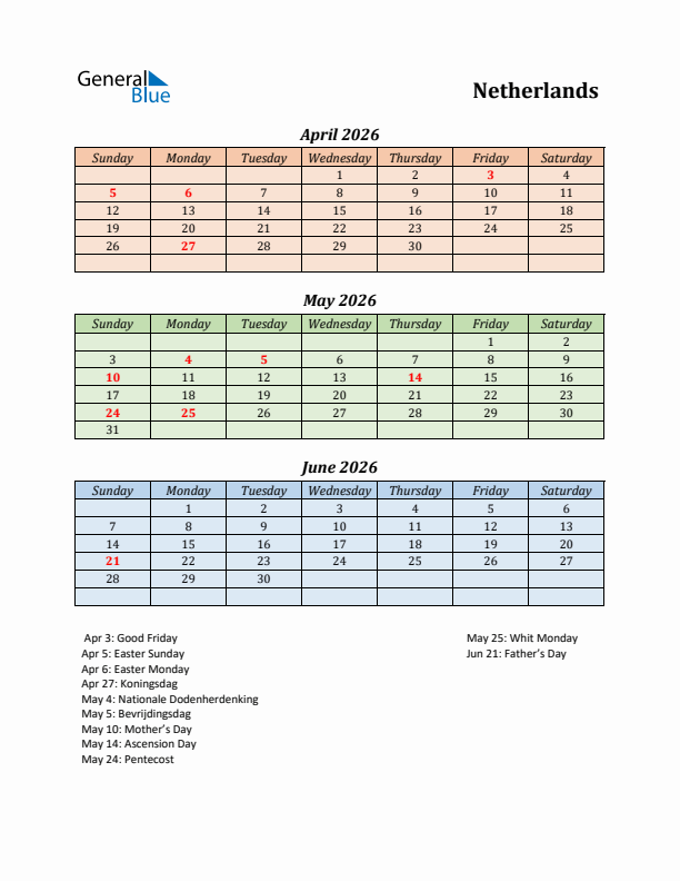 Q2 2026 Holiday Calendar - The Netherlands