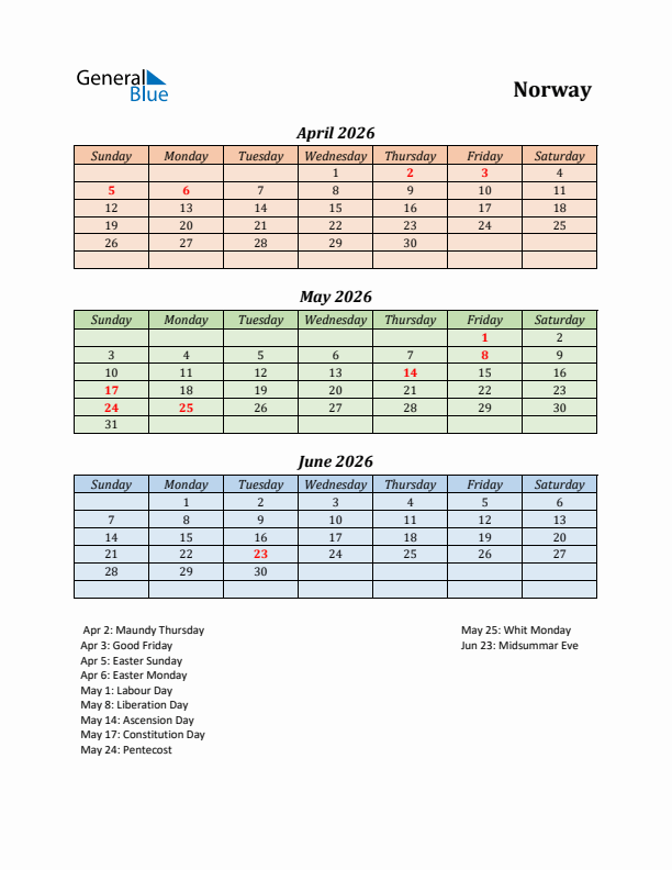 Q2 2026 Holiday Calendar - Norway