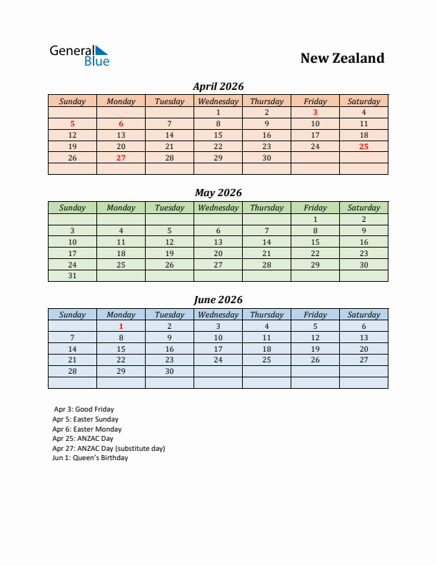 Q2 2026 Holiday Calendar - New Zealand