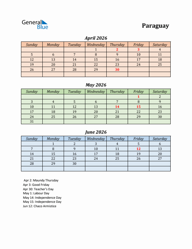 Q2 2026 Holiday Calendar - Paraguay