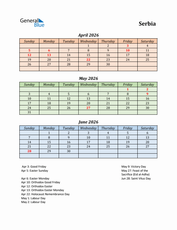 Q2 2026 Holiday Calendar - Serbia