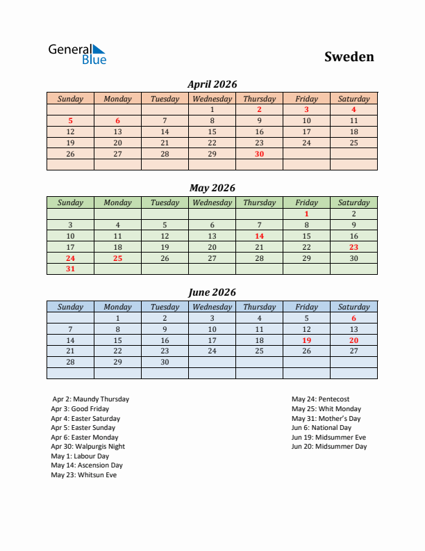 Q2 2026 Holiday Calendar - Sweden