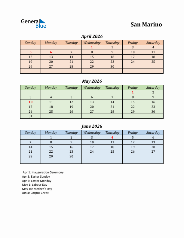 Q2 2026 Holiday Calendar - San Marino