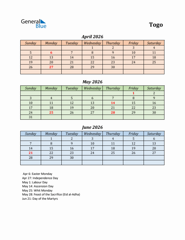 Q2 2026 Holiday Calendar - Togo